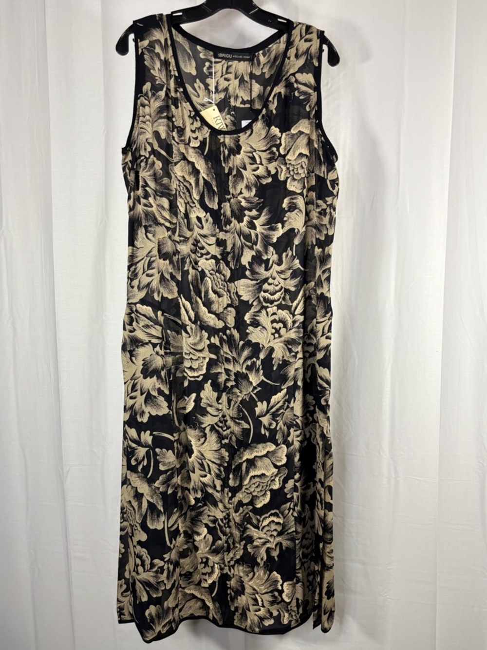 NWT IBRIGU Silk Long Sheer Dress/Tunic with beading in front Black and Beige 44